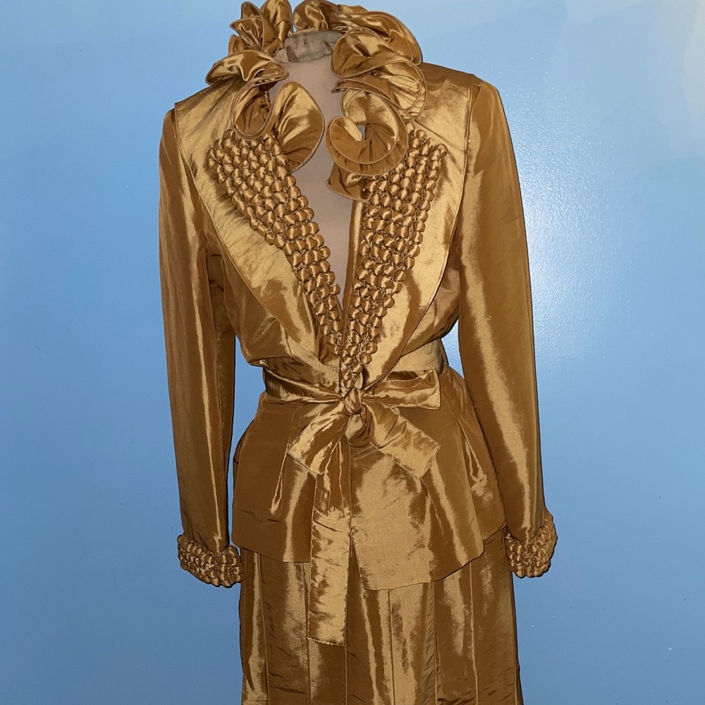 Nina Massini Gold Satin Ruffled Church Skirt Set